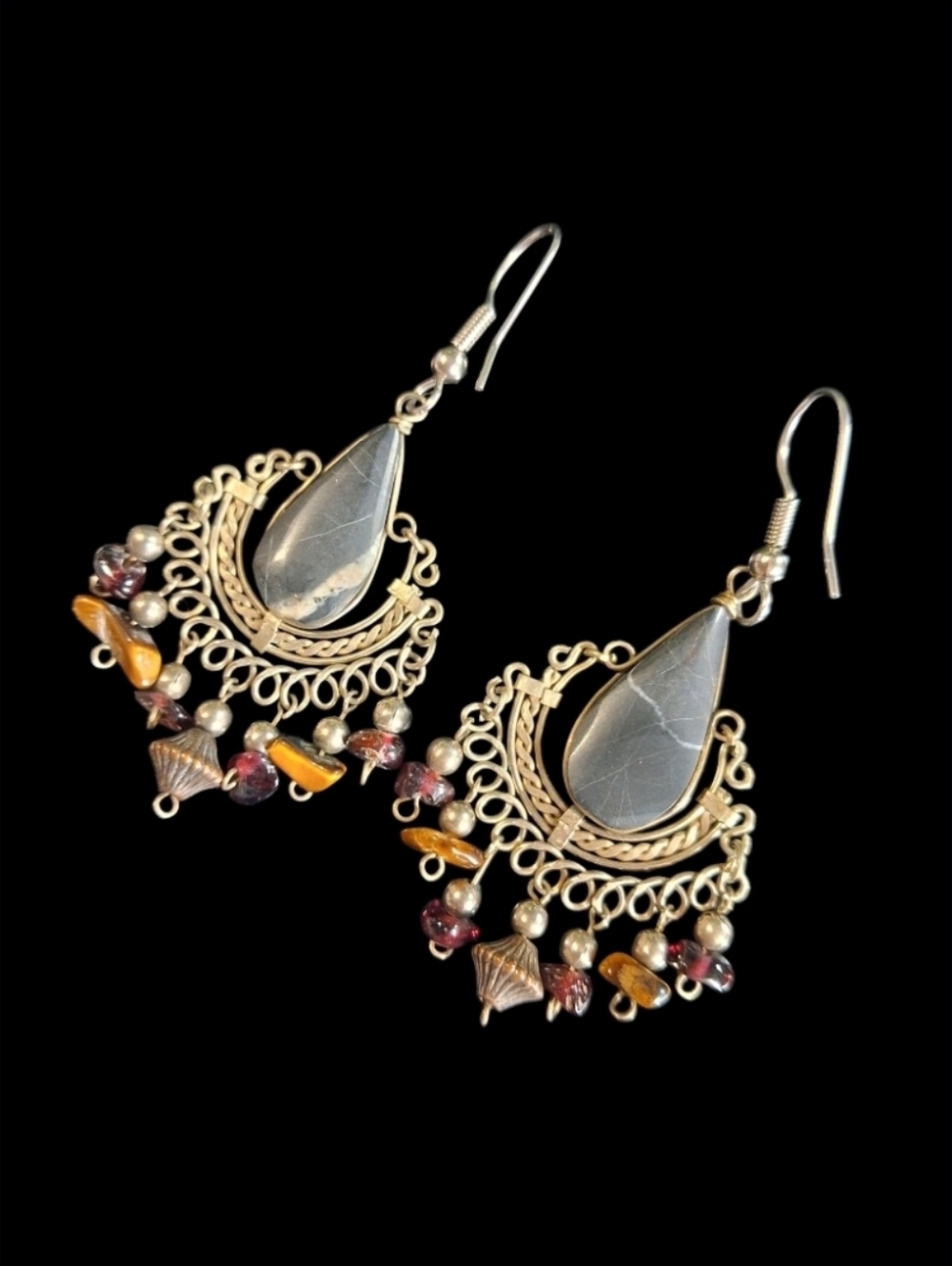 Boho Teardrop Chandelier Earrings – Tiger’s Eye Fringe (Artisan Style)